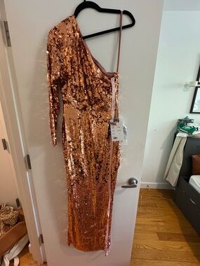 Mac Duggal Rose Gold Sequin One-Shoulder Prom Dress
